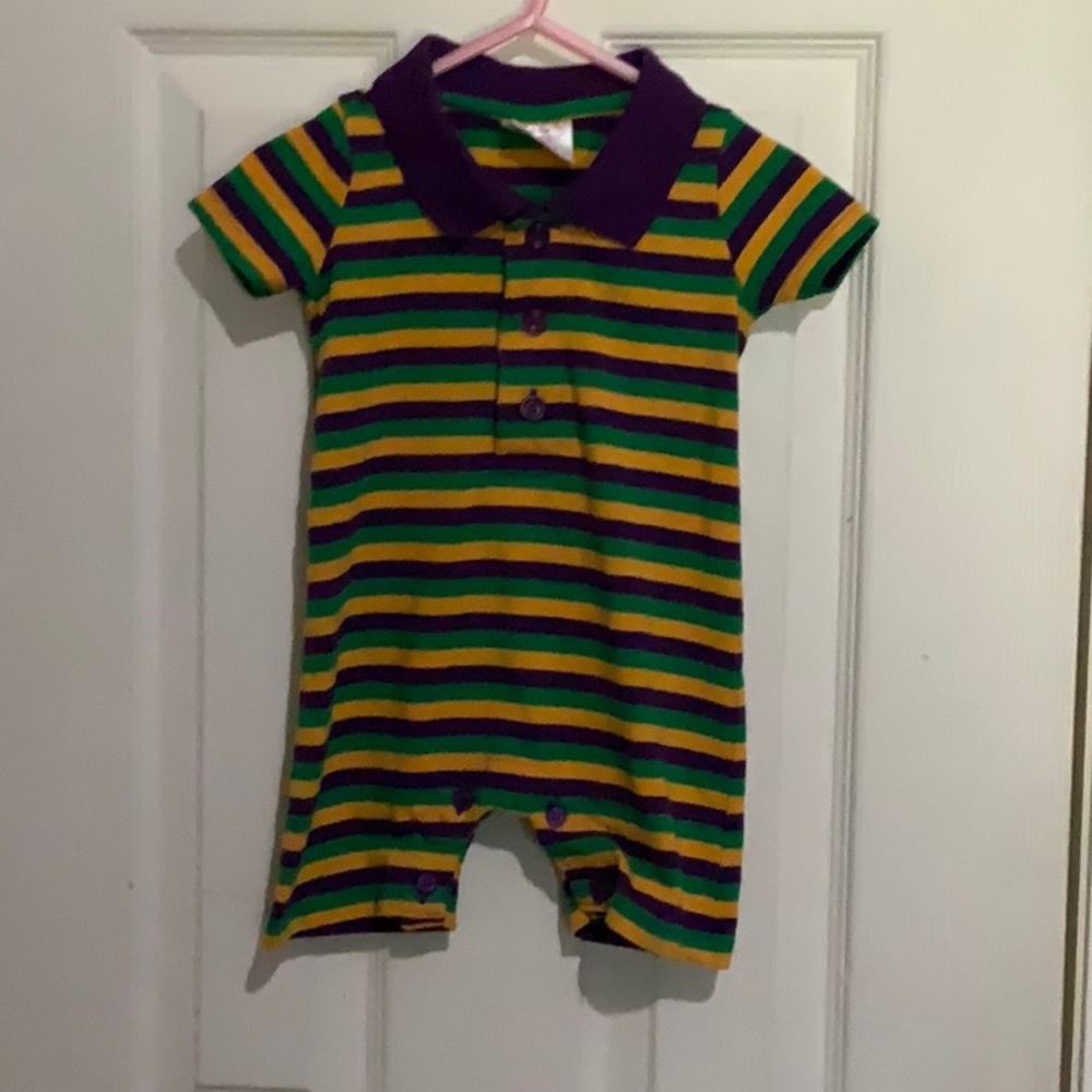 Purple, green, gold stripe romper